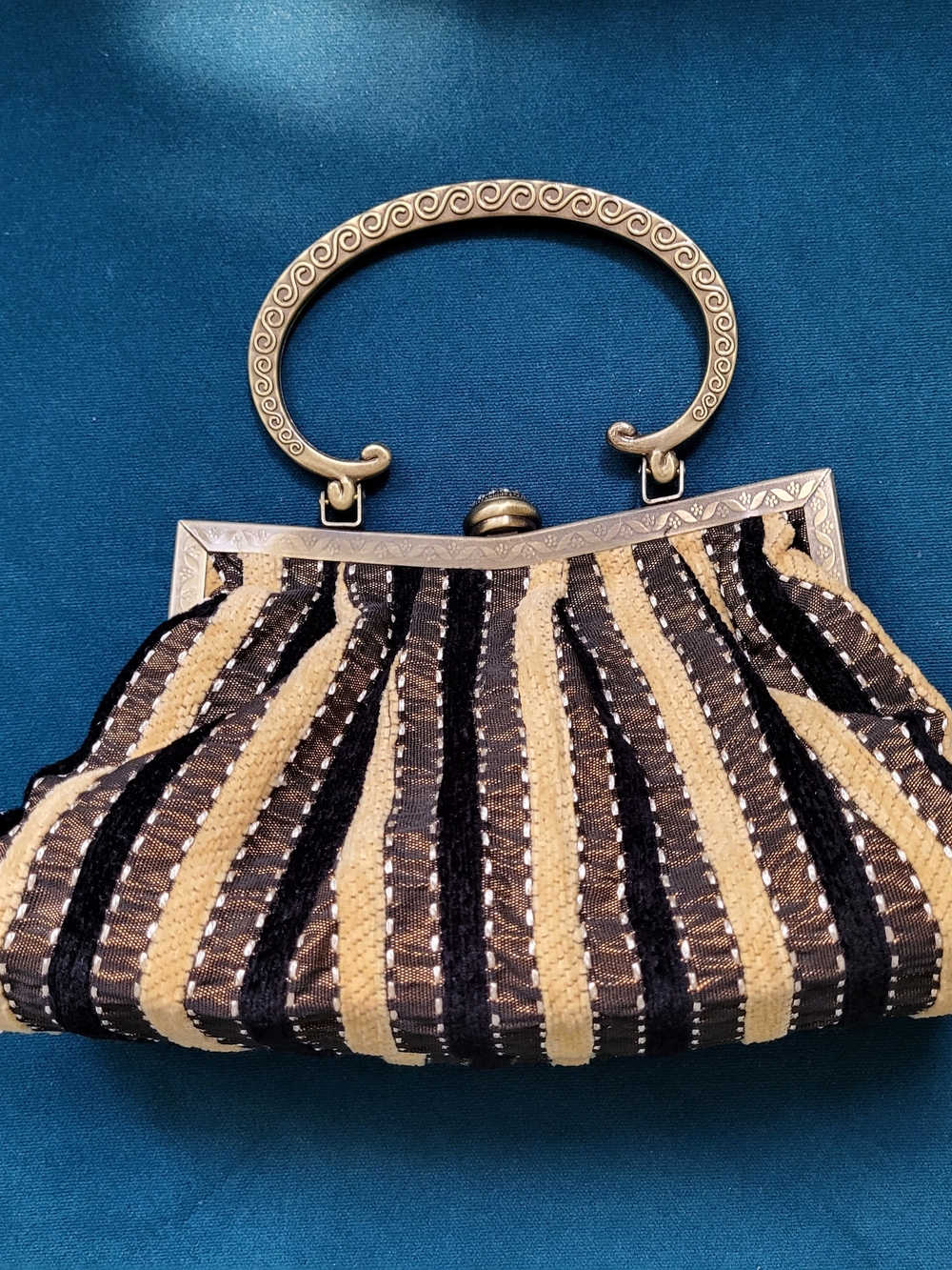 Vintage-Inspired Black and Gold Striped Evening Handbag